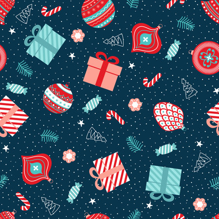 Christmas seamless pattern with a gift, a ball, a trinket, sweets, and snowflake on a blue background. Perfect for holiday invitations, winter greeting cards, wallpaper and gift paperのイラスト素材