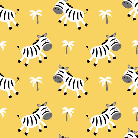 Zebras and palms tree hand drawn. Colorful seamless pattern with animals. Decorative cute wallpaper, good for printing.のイラスト素材