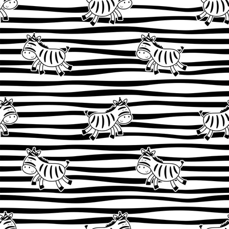 Zebras with party hat hand drawn seamless pattern. Cute cartoon Zebra on stripped backgroundのイラスト素材