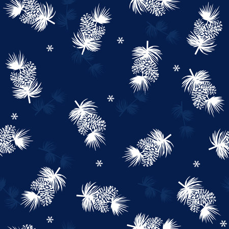 Pine twigs with cones and snowflakes. Seamless patternのイラスト素材
