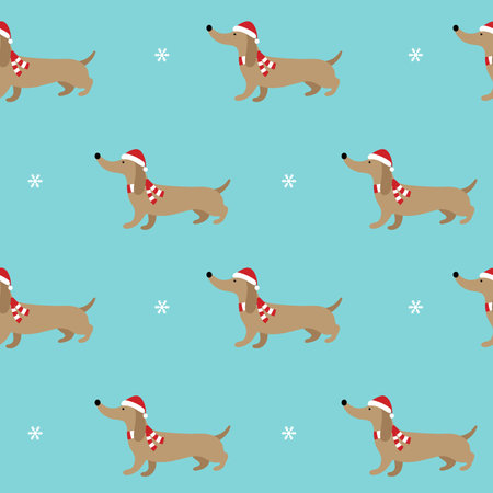 Childish seamless pattern with hand drawn dachshund and snowflakes. Perfect for kids apparel, fabric, textile, nursery decoration, wrapping paper.のイラスト素材