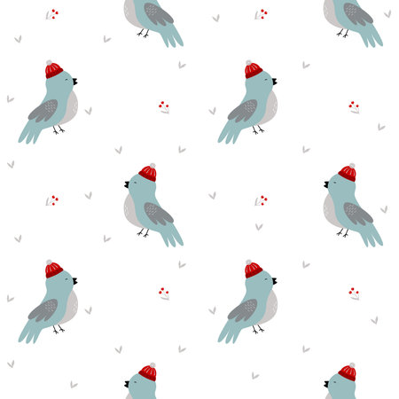 Winter bird with hat, Christmas florals seamless pattern background. Design for fabric, wrapping, textile, wallpaper, apparelのイラスト素材
