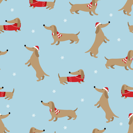 Cute dachshund in a sweater, hat and scarf. New Year's Christmas seamless printのイラスト素材