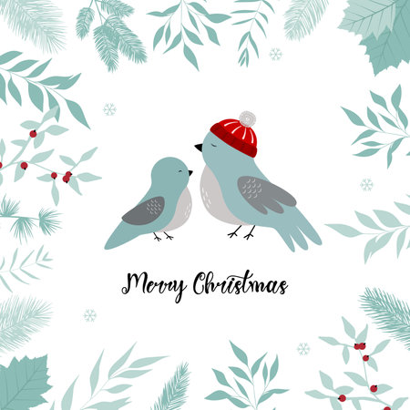 Merry Christmas and New Year 2024 cards with cute bird, mistletoe, winter plants design illustration for greetings, invitation, giftのイラスト素材