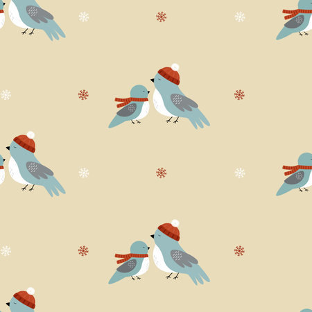 Cute bird family with snowflakes. Winter seamless patternのイラスト素材