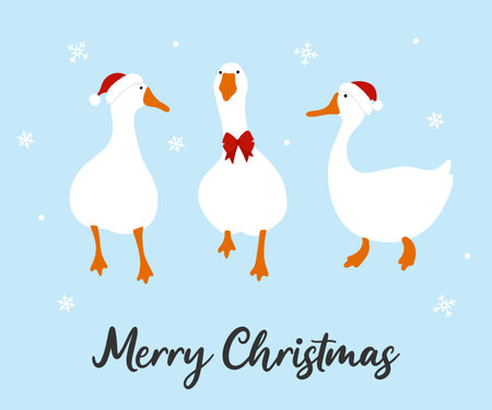 Three cute geese in red hats and bow in winter, vector illustration, christmas and new year cardのイラスト素材