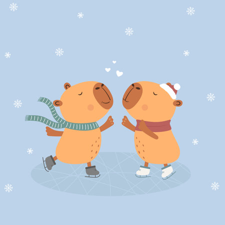 Greeting card with cute couple of capybaras skating. Capybaras in loveのイラスト素材