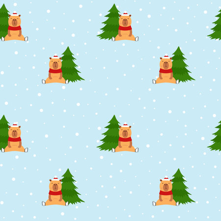 Seamless funny capybara next to Christmas tree.のイラスト素材