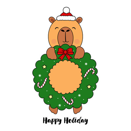 Cool card with cute capybara animal with Christmas wreath. Vector illustration. Funny character rodent for cards, design, printのイラスト素材