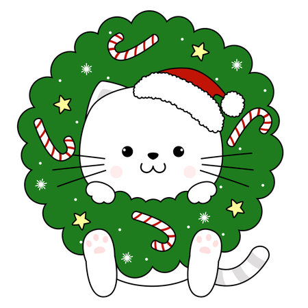 Cute Cat Christmas wreath. Perfect make a wish for winter festival, celebration party children, pattern.のイラスト素材