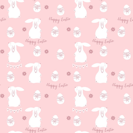 Easter seamless pattern in cartoon style. Easter concept with colorful eggs, bunnies and flowers.のイラスト素材