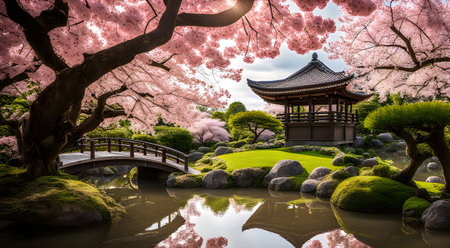 Beautiful Japanese garden with pagoda and sakuraの素材