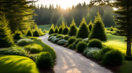 Landscaping with a path of pines and a lawnの素材