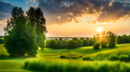 nature with a meadow, trees and a lake on sunsetの素材