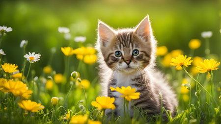 Cute little kitten sitting in daisies flowers on the grassの素材