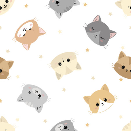 Seamless cute smile cat heads. Happy seamless print with cat faces characterのイラスト素材