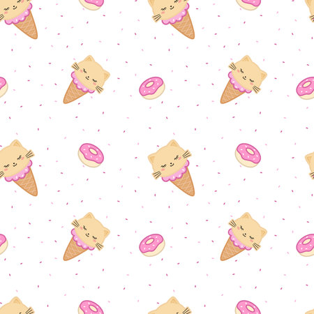 Seamless pattern with cute kawaii style cats, ice cream and sweet donutsのイラスト素材