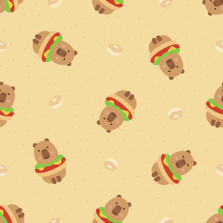 Vector seamless pattern with funny baby capybaras in burger with sweet donuts.のイラスト素材