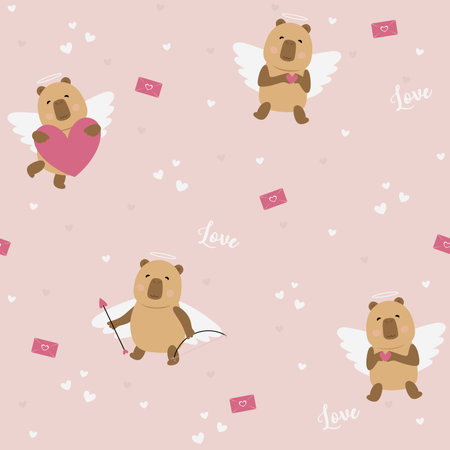 Valentine's background with arrows, hearts, love and capybara. Seamless pattern with holiday design elements. Happy Valentine's Day. Lovely animal.のイラスト素材