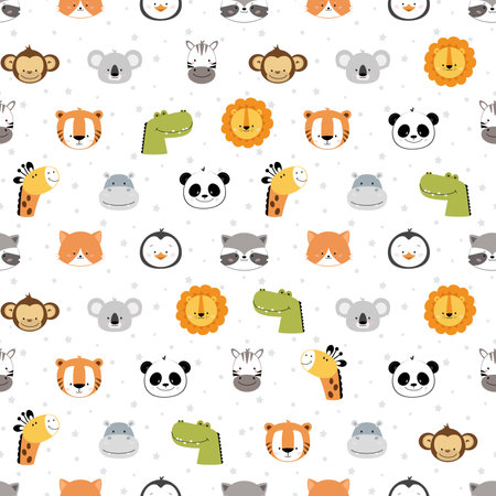Cute and smiling animals heads vector set. Happy seamless print with animals faces character designのイラスト素材