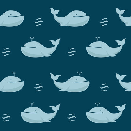 Cute cartoon whale with wave. Vector seamless patternのイラスト素材