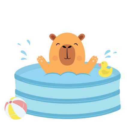 Cute capybara swims in an inflatable poolのイラスト素材