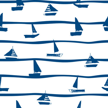 Seamless vector marine pattern with boat doodle style.のイラスト素材