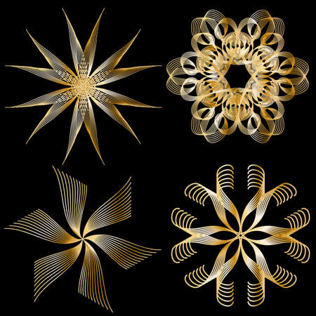 Festive golden glossy Ornament Collection isolated over black backgroundのイラスト素材
