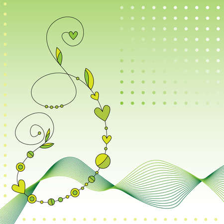 Green and beige background with dots, curl with leaves and hearts and abstract shapesのイラスト素材