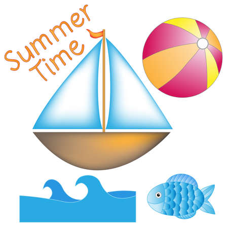 Boat, ball, waves and fish isolated over white backgroundのイラスト素材