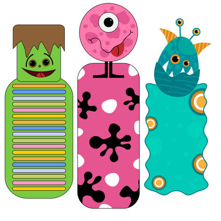 Cute and funny colorful halloween tags or bookmarks with monsters isolated over white backgroundのイラスト素材