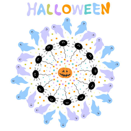 Cute and funny halloween background with ghosts, spiders, dots and pumpkinのイラスト素材