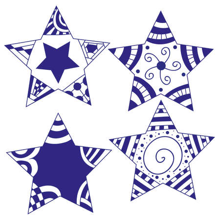 Blue and white star collection with doodle patternのイラスト素材