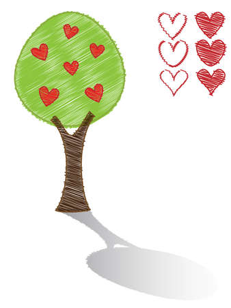 Scribble tree and red heartsのイラスト素材