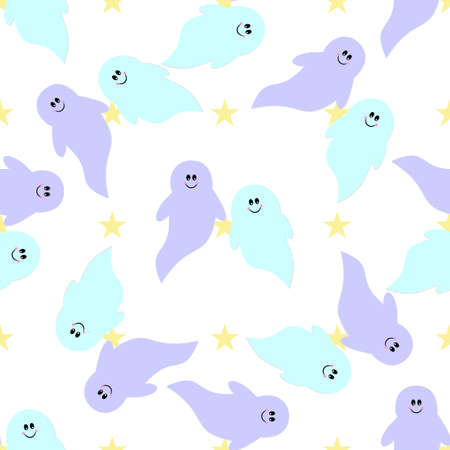 Halloween texture with cute friendly ghosts and stars.のイラスト素材