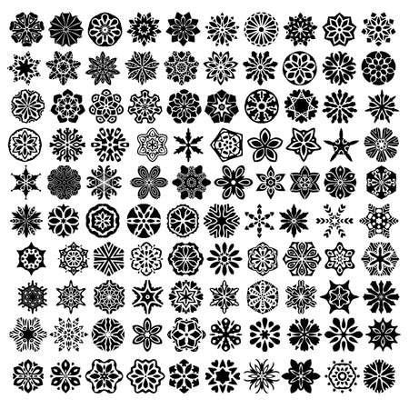 Large collection with hundred black ornaments or mandalas isolated over white background.のイラスト素材