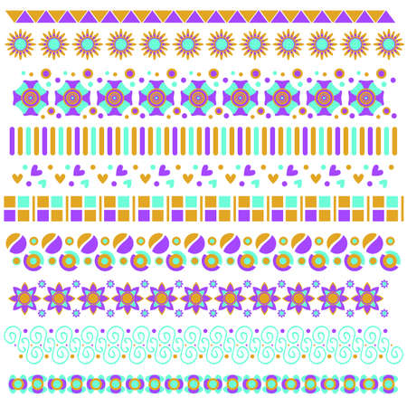 Colorful trim or border collection with flowers, hearts and curlsのイラスト素材