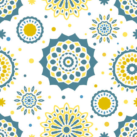 Seamless tiling texture with blue and yellow colorful mandalasのイラスト素材