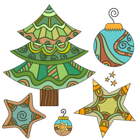 Whimsical Christmas graphics set with tree, bauble and starsのイラスト素材