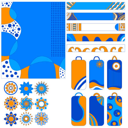 Colorful collection with blue, orange and white  background, banner, tags and ornamentsの写真素材