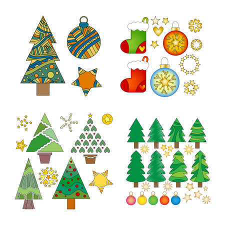 Christmas graphics collection with colorful trees, baubles, stars and stockingsの写真素材