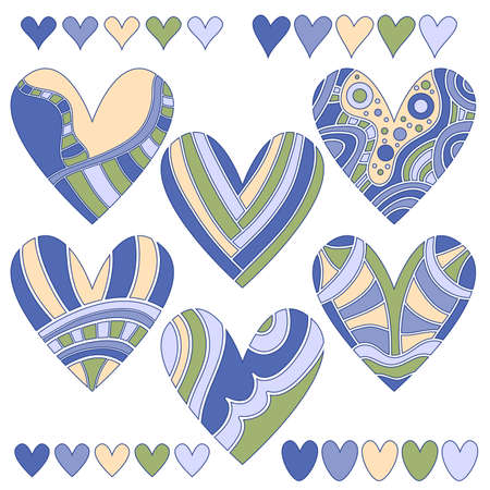 Colorful heart collection with different pattern isolated over white backgroundのイラスト素材
