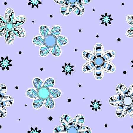 Seamless tiling texture with turquoise, blue, black and white flowers and small black dots over lilac background.のイラスト素材