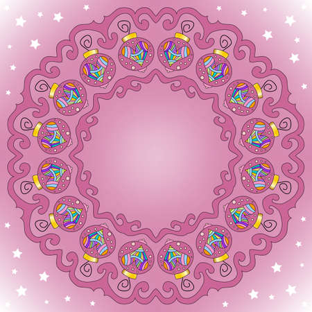 Pink and white background with colorful and whimsical baubles and starsのイラスト素材