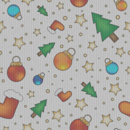 Seamless tiling knitting texture with colorful christmas baubles, trees and starsの写真素材