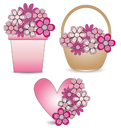 Flower pot, flower basket, heart with flowersのイラスト素材