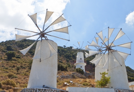 Traditional windmills at Crete island in Greeceの写真素材