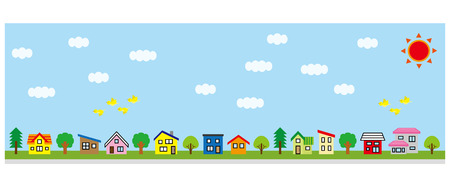 Row of a simple house and tree-lateral length and color-sky and bird.のイラスト素材