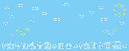 simple house and tree-lateral length and line drawing-sky and birdのイラスト素材