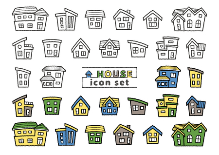 icon set of simple house - only hand writing style line drawing / hand writing style line drawing plus color - arc upper versionのイラスト素材